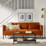 Copper velvet sofa – front view with metal frame
