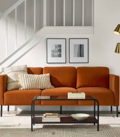 Copper velvet sofa – front view with metal frame