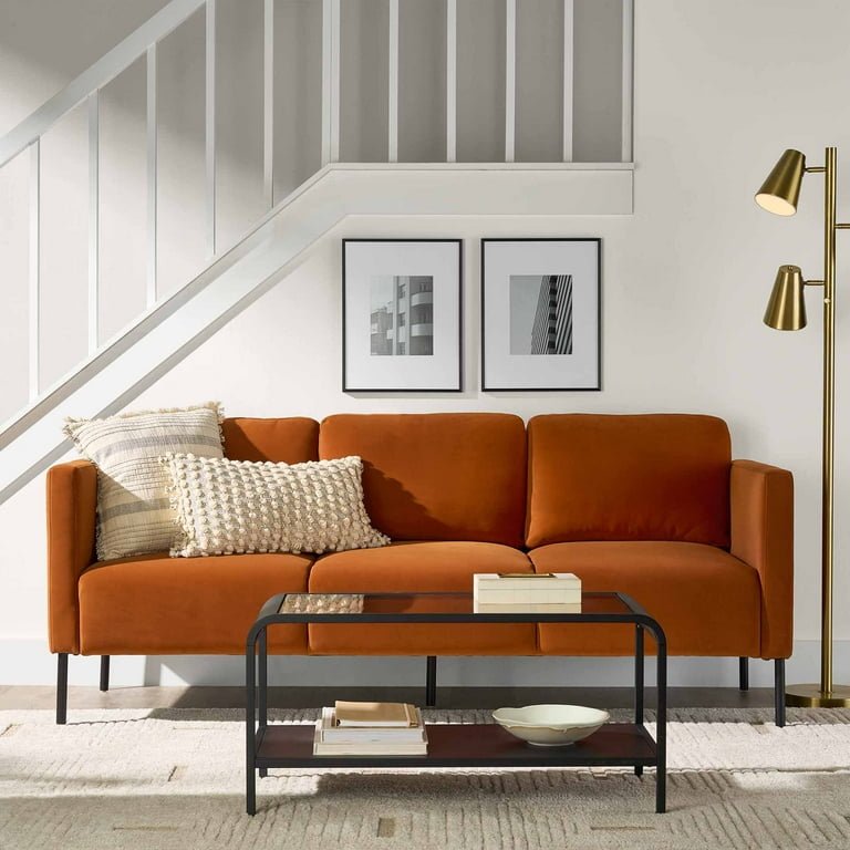 Copper velvet sofa – front view with metal frame