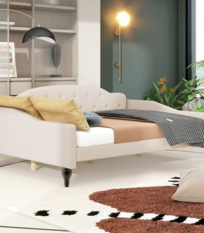 Full-size upholstered sofa daybed – beige tufted cushions