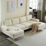 Soft beige linen fabric on U-shape sectional sofa close-up