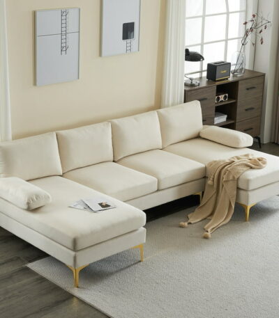 Soft beige linen fabric on U-shape sectional sofa close-up