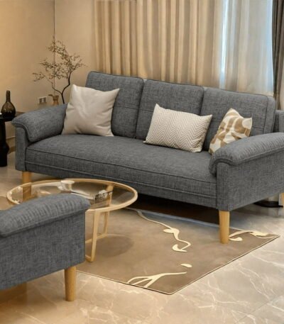 PakUnique gray compact couch in a living room setup
