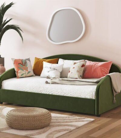Olive green velvet twin daybed – front view with moon frame