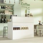 Office reception table with drawers and open shelf storage