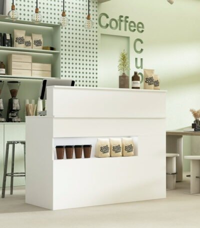 Office reception table with drawers and open shelf storage