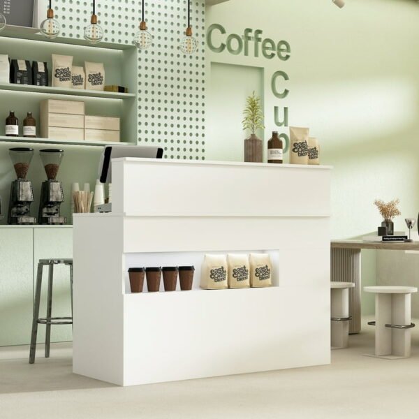 Office reception table with drawers and open shelf storage