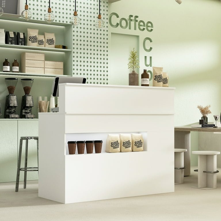 Office reception table with drawers and open shelf storage