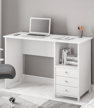 Modern office desk in white with drawers and workspace setup