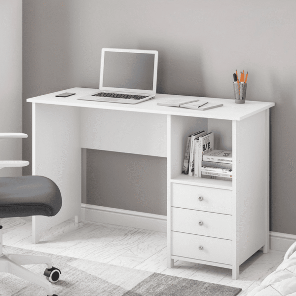 Modern office desk in white with drawers and workspace setup