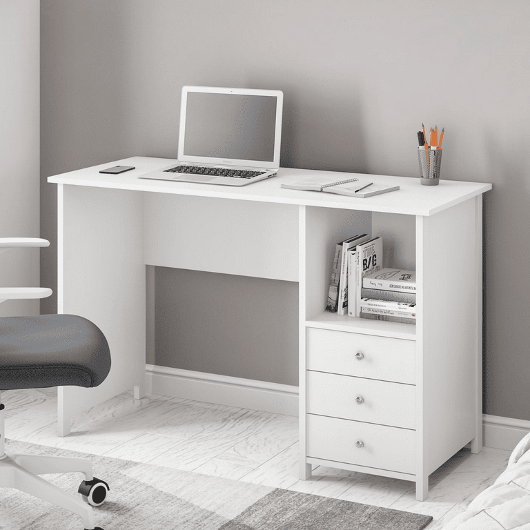 Modern office desk in white with drawers and workspace setup