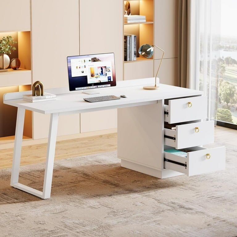 Modern white computer desk with drawers – front view
