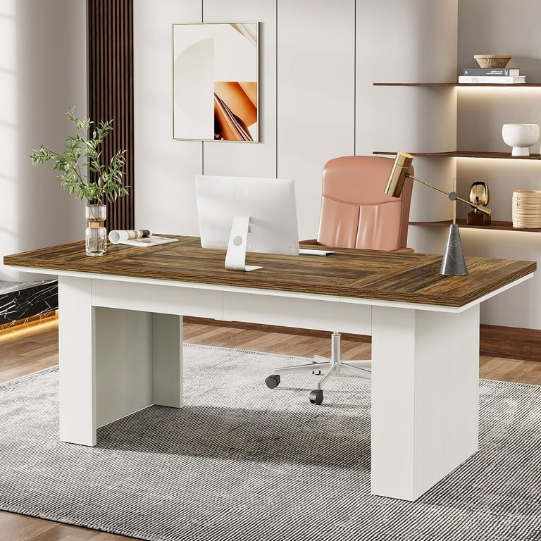 63-inch executive desk with brown top and white base – front view