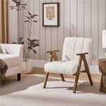 White bouclé accent chair with wooden legs – front view