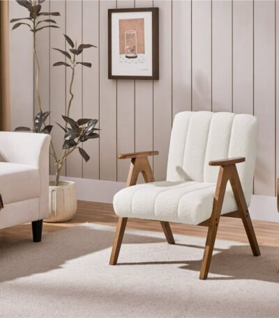 White bouclé accent chair with wooden legs – front view