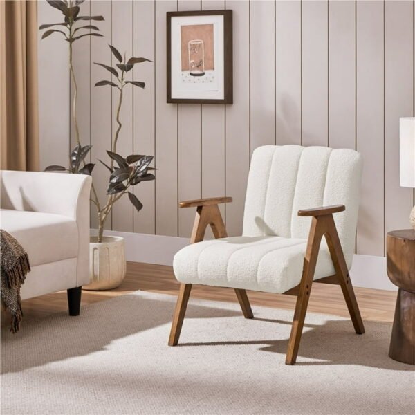 White bouclé accent chair with wooden legs – front view