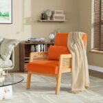 Modern orange upholstered accent chair with wooden frame – front view