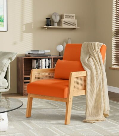 Modern orange upholstered accent chair with wooden frame – front view