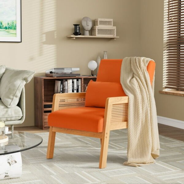 Modern orange upholstered accent chair with wooden frame – front view