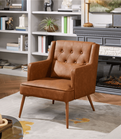 Retro brown faux leather accent chair with lumbar pillow – front view