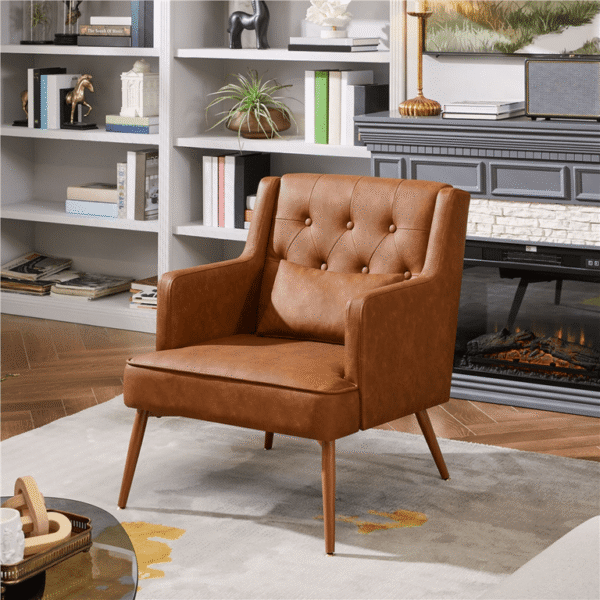 Retro brown faux leather accent chair with lumbar pillow – front view